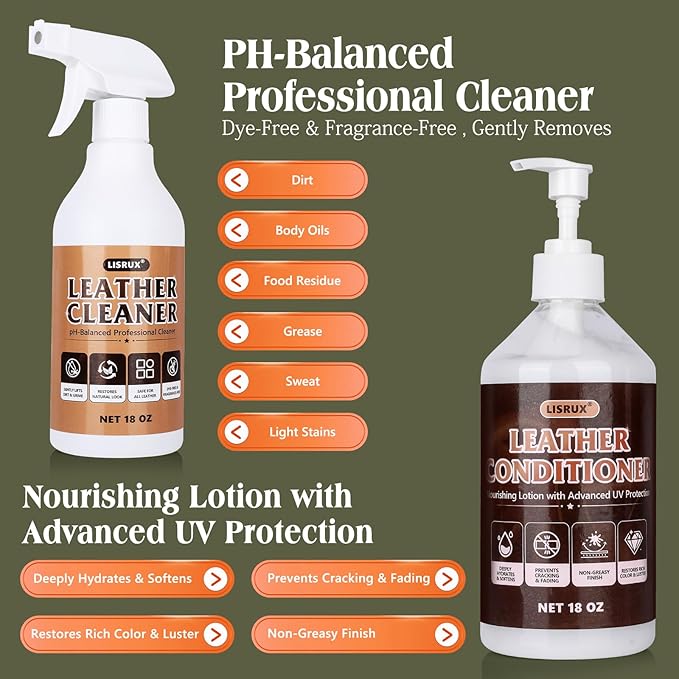 Leather Cleaner and Conditioner Kit-2×18oz, Leather Cleaner for Car Seats, Furniture, Couches, Shoes & Boots, pH-Balanced, Restores & Protects All Leather For Natural, Synthetic, Faux, Pleather