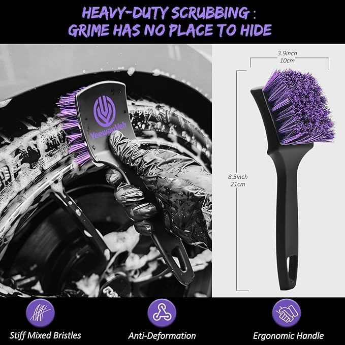 YeewayVeh 6Pcs Car Wheel & Tire Brush Kit, Professional Wheel Detailing Kit with Scratch-Free Rim Brush, Tire Brushes, Detailing Brush, Microfiber Towel & Tire Shine Applicator Pad, Vibrant Purple