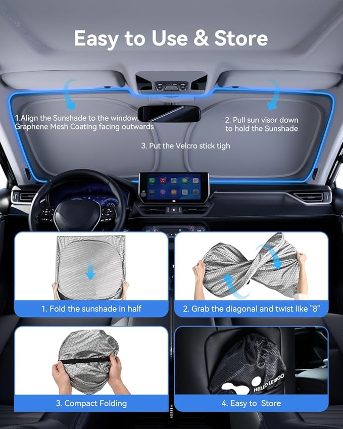 helloleiboo Graphene Car Windshield Sun Shade Car Sun Shade for Windshield with Heat Absorption Coating Foldable Design with UV Protection to Keep Your Car Interior Cooler Silver (X-Large-61 × 34 in)