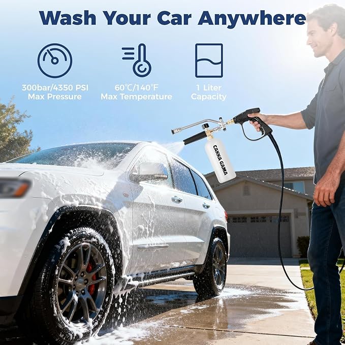 Foam Cannon Dual Connector for Pressure Washer, Car Wash Foam Gun Kit 1/4 Inch Quick Connector, Adjustable Soap Cannon with 5 Pressure Washer Nozzle Tips, Adapter, 1 Liter, A Fluorescent Green Glove