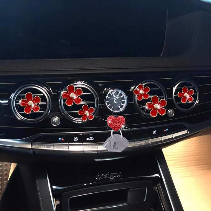 6 Pcs Flowers Air Vent Clips Red Daisy Car Air Freshener Vent Clips Cute Fower Accessories for Women Refillable Diffuser, Car Decoration + Red Heart Mask Hook