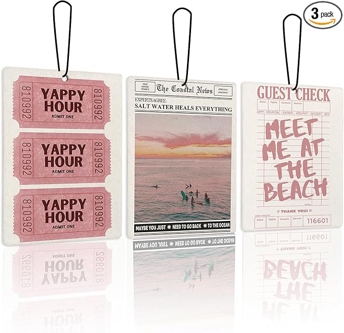 Retro Pink Beach Lavender Car Air Freshener 3, Meet Me at the Beach Guest Check Tickets Scents Air Freshener for Women Girls, Coastal Ocean Beachy Car Accessories Interior Mirror Decor Hanging