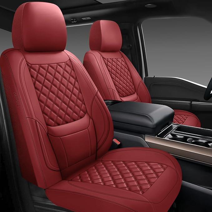 Car Seat Covers Front Pair,Universal Fit for Cars,SUVs,Trucks,and Sedans,Faux Leather Car Seat Cushion Compatible with Airbags,Waterproof Car Seat Protector,Wine Red