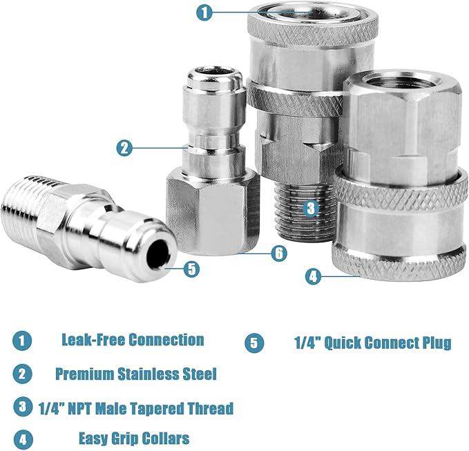 2 Sets NPT 1/4 Inch Pressure Washer Coupler Quick Connect Plug Stainless Steel Male and Female Quick Connect Fittings Pressure Washer Adapter Set (Internal Thread, External Thread)