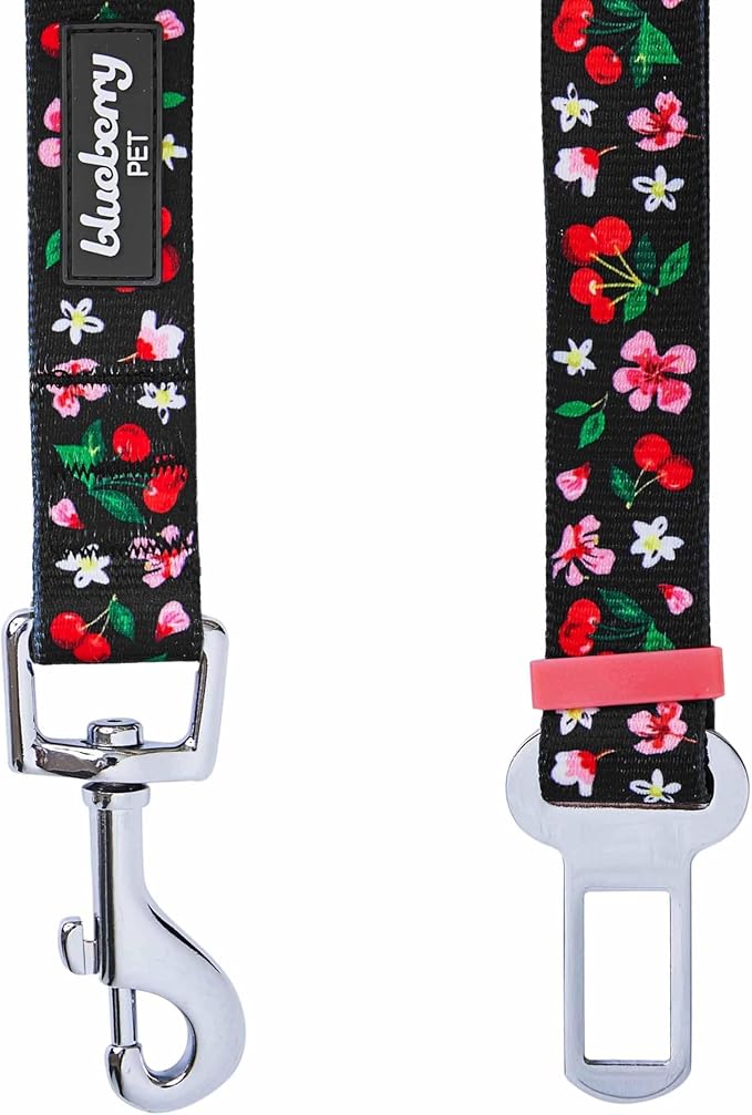 Blueberry Pet 8 Patterns Cherry Garden Black Adjustable Dog Seat Belt Tether for Dogs Cats, Durable Safety Car Vehicle Seatbelts Leads Use with Harness