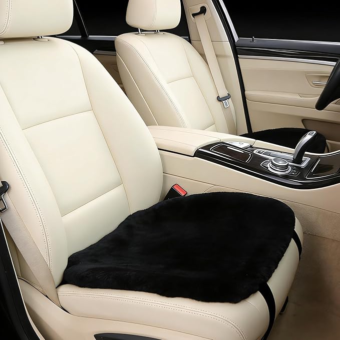 OGLAND 20 inchs Fluffy Genuine Australia Sheepskin Car Seat Cover for Auto Interior Accessories with Soft Fuzzy Wool Natural Fur Non-Slip (Black, Front 20 * 20inchs)