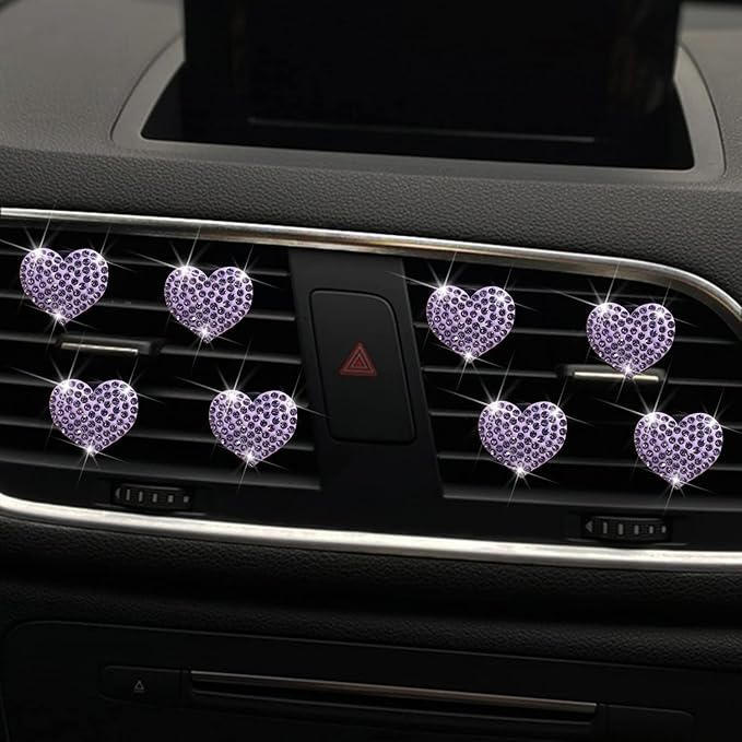 Bling Heart 8pcs Air Vent Clips, Crystal Heart Air Fresheners Vent Clips Rhinestone Diamond Car Decoration Cute Car Accessories for Women Girls (Purple)