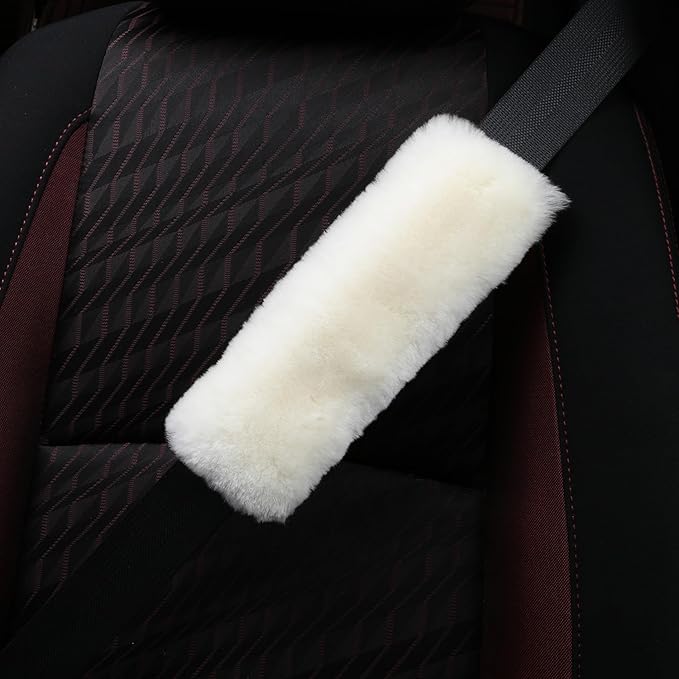 Soft & Cozy Australian Sheepskin Car Seat Belt Covers,2 Pack Fluffy Seatbelt Pads, Genunie Sheepskin Fur Shoulder Straps Cushions for Adults Kids Women and Men (Beige White)