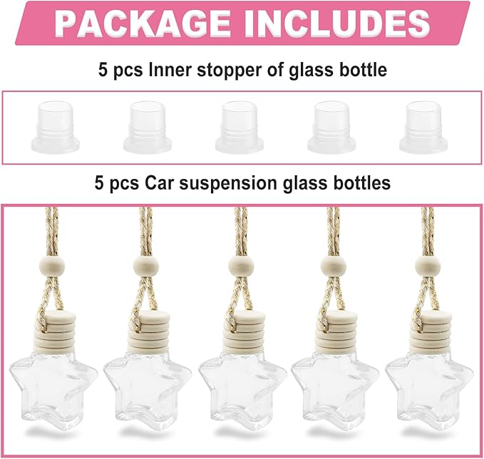 5 pcs Car Hanging Empty Glass Perfume Bottles Pendant Bottle, DIY Air Freshener Pendant, Empty Clear Glass Essential Diffuser Oil Aromatherapy, Glass Bottle Decor (Five-Pointed Star)