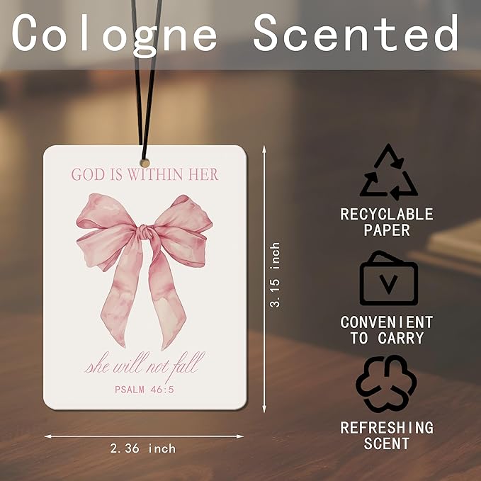 Pink Christian Car Air Freshener 4 Pcs, Girly Pink Bow Religious Hanging Air Freshener for Cars, Closet, Drawer, Books, Cute Christian Car Accessories Mirror Decor Gift for Women