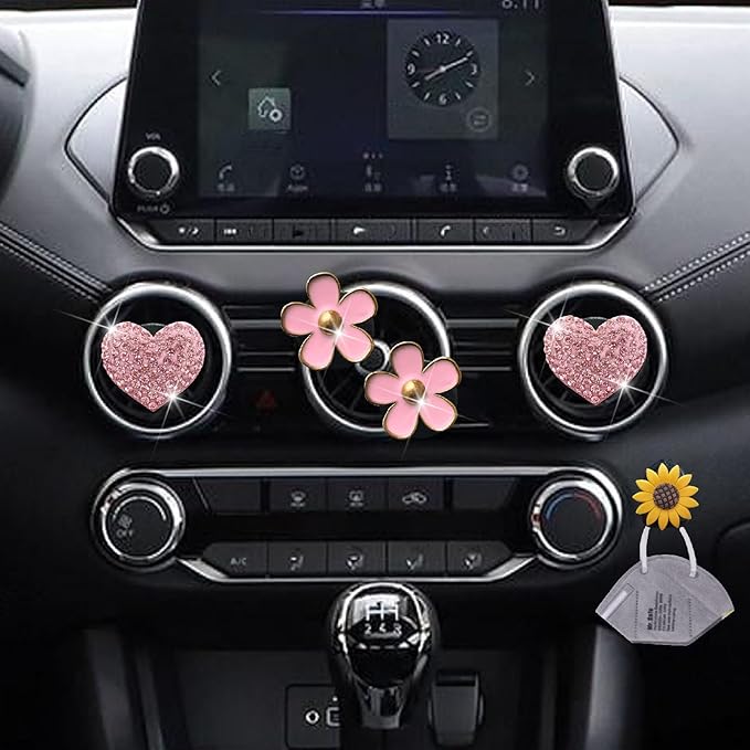 4 Pcs Pink Heart & Flower Pandent Air Vent Clips,Bling Heart and Flower Air Fresheners Vents Clips Diamond Car Interior Decor Bling Cute Car Accessories Decoration for Women+ Sunflower Mask Hook