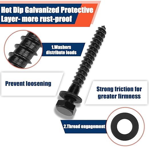 Tandefio 50 Pack 1/2''x 4'' Ceramic Black Lag Screw Kit with Washers Hex Lag Bolts Wood Screws Heavy Duty Ruspert Coating Hot Dip Galvanized Double Layer for Wood Decks Fences