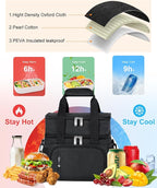 Insulated Lunch Bag for Men & Women, Double Leakproof Lunch Box Soft Cooler Tote with 5 Pockets, 600D Oxford, EVA Lining, Adjustable Strap for Work, Picnic, Beach&Travel-Black