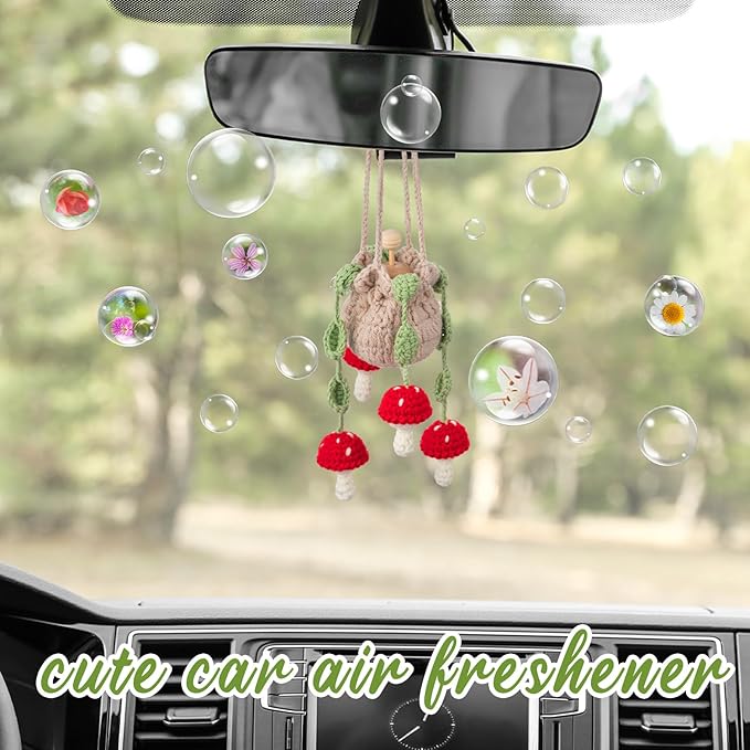Cute Crochet Plant Car Freshener 12ml Empty Refillable Diffuser Bottle with Plants Hanging Accessories for Rearview Mirror Home Office Decor Women Mother's Day Gifts(Mushroom)