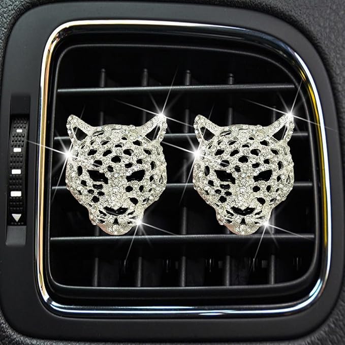 2 Pcs Silver Bling Leopard Air Vent Clips, Crystal Car Air Fresheners Vent Clips Diffuser Vent Clip Rhinestone Leopard Decoration Car Interior Decor Bling Accessories, Automotive Air Fresheners