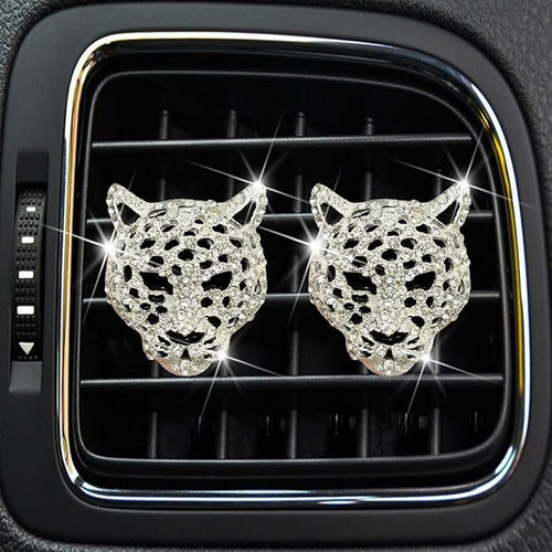 2 Pcs Silver Bling Leopard Air Vent Clips, Crystal Car Air Fresheners Vent Clips Diffuser Vent Clip Rhinestone Leopard Decoration Car Interior Decor Bling Accessories, Automotive Air Fresheners