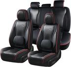 Coverado Car Seat Covers Full Set, Black Redline Seat Covers for Cars, Waterproof Nappa Leather Automotive Seat Covers with Lumbar Head Pillow, Car Seat Protectors, Universal Fit for Most Cars SUV