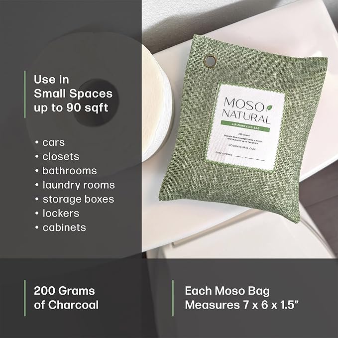 Moso Natural Air Purifying Bag 200g (3 Pack). A Scent Free Odor Eliminator for Cars, Closets, Bathrooms, Pet Areas. Premium Moso Bamboo Charcoal Odor Absorber. Two Year Lifespan! (Green)