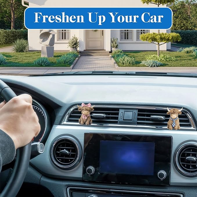 GENANY 3D 2pcs Resin Highland Cow Car Air Freshener Vent Clips, Farmhouse Auto Fresheners, Farm Air Freshener, Cute Gifts for Women and Men, Cool Spring Gifts For Horror Fans