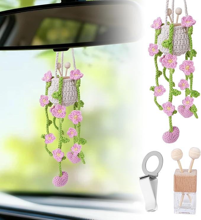Crochet Car Air Freshener, 8ml Empty Refillable Oil Diffuser Bottle with Hanging Crochet Lightpink Daisies Plant & Hanging Tools, Car Rearview Mirror Diffuser for Wall Art & Home & Office Decoration
