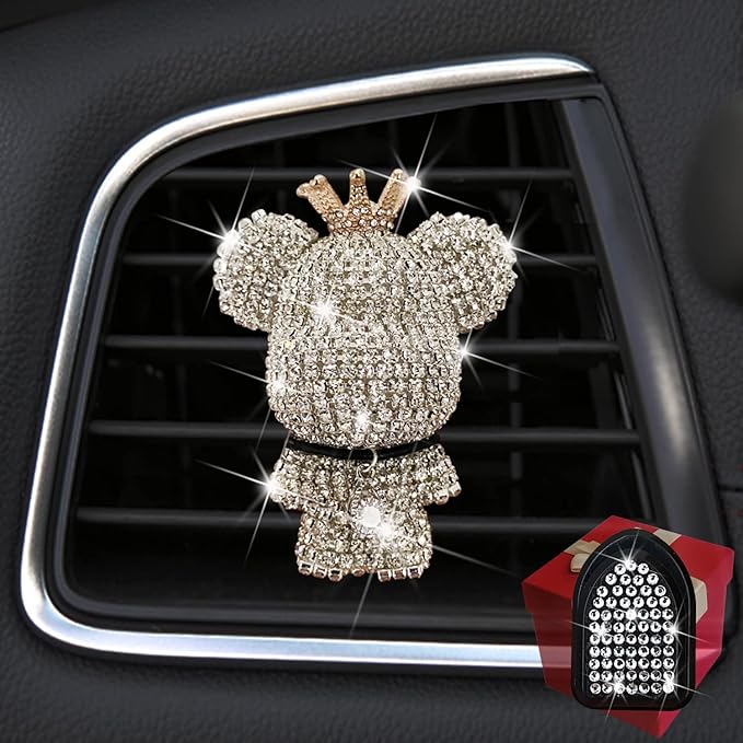 Bling Cute Diamond Bear Air Vent Clips Car Accessories,Shiny Crystal Bear Car Air Freshener Vent Clip,Rhinestone Car Decor Glitter Car Interior Interior Decoration，Holiday Gift for Boys Girls Friends Family (Silver 1 x Bear， 2 x Cute bling Hook)