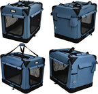 EliteField 4-Door Folding Soft Dog Crate with Curtains, Carrying Bag and Fleece Bed (2 Year Warranty), Indoor & Outdoor Pet Home (20" L x 14" W x 14" H, Blue Gray+4 Door Curtains)