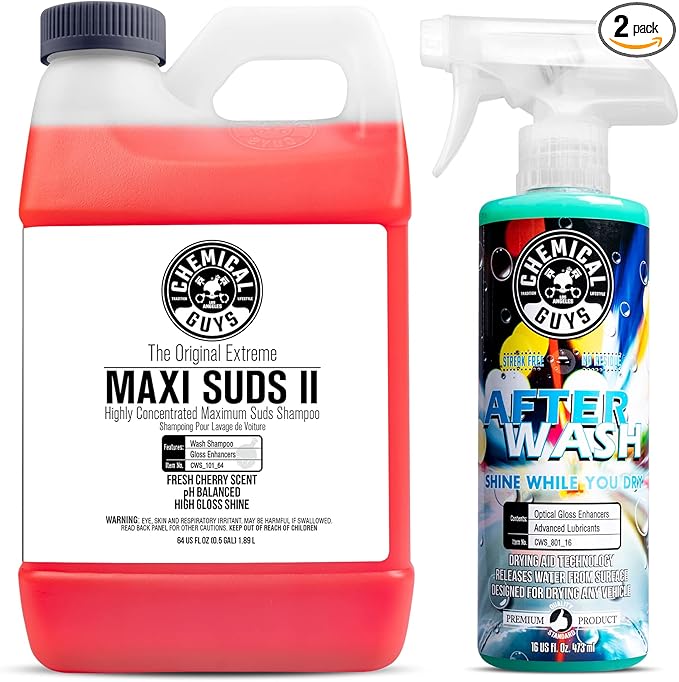 Chemical Guys CWS_101_64A Car Wash, Dry & Shine Bundle - Maxi-Suds II Foaming Car Wash Soap, 64 oz (Half Gallon), Cherry Scent + After Wash Gloss Boosting Drying Aid (16 oz) (2 Items)