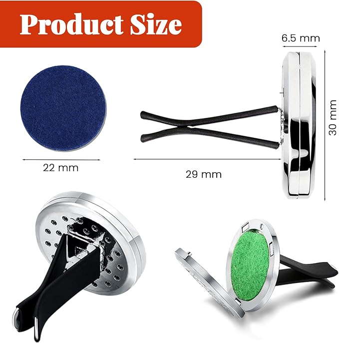 4 Pcs Essential Oil Car Diffuser 30mm Car Air Freshener Vent Clip with 20 Refill Pads, Aromatherapy Diffusers for Essential Oils for Auto Interior, Stainless Steel Air Freshener Gifts for Women Men
