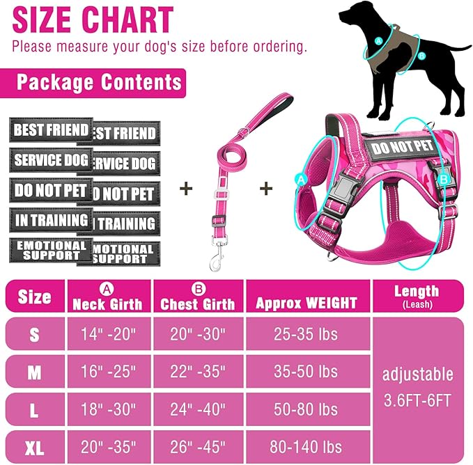 Tactical Service Dog Vest and Leash Set,Heavy Duty No Pull Dog Harness and 10 Patches with Dog Seat Belt for Large Dogs,Reflective Pet Harness for Training Walking Hiking Camo Pink L