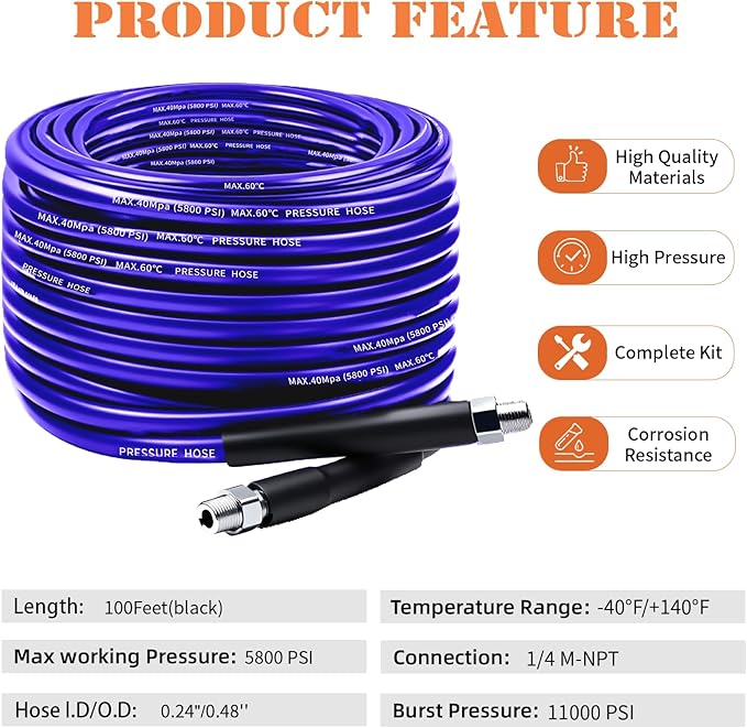 Sewer Jetter Kit for Pressure Washer, 100FT Drain Cleaner Hose 5800PSI with 1/4 Inch NPT Corner, Rotating Nozzle and 4 Different Button Nose Sewer Jet Nozzles, Waterproof Tape and 2 Spanners （Purple）