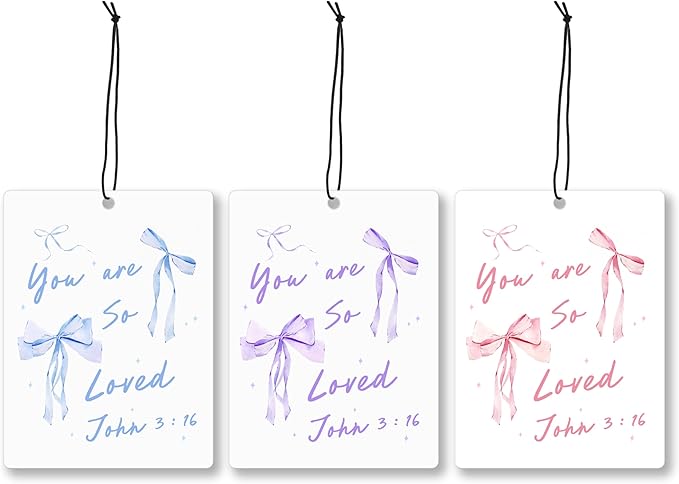 Mancheng-zi Coquette Bow Christian John 3:16 Car Air Freshener 3Pcs, Cute Preppy Girly Religious Air Freshener Hanging for Cars Closet Drawer or Books, Blue Purple Pink Car Accessories Mirror Decor
