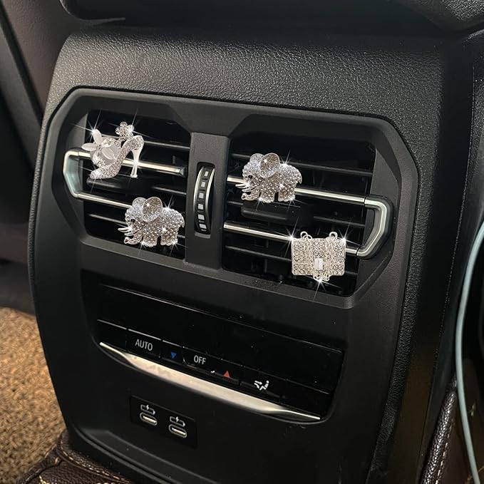 Bling High Heel Shoe and Bag Air Vent Clips, 4 Pcs Crystal Elephant Car Air Fresheners Vent Clips Car Diffuser Vent Clip Rhinestone Diamond Car Decoration Car Interior Decor Bling Car Accessories for Women