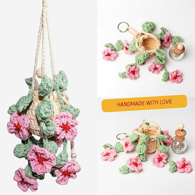 Crochet Car Air Freshener, 15ml Empty Refillable Oil Diffuser Bottle With Crochet Cherry Blossom Hanging Plant for Car Accessories, Crochet Plant for Rear View Mirror Decor, Home and Office Decor