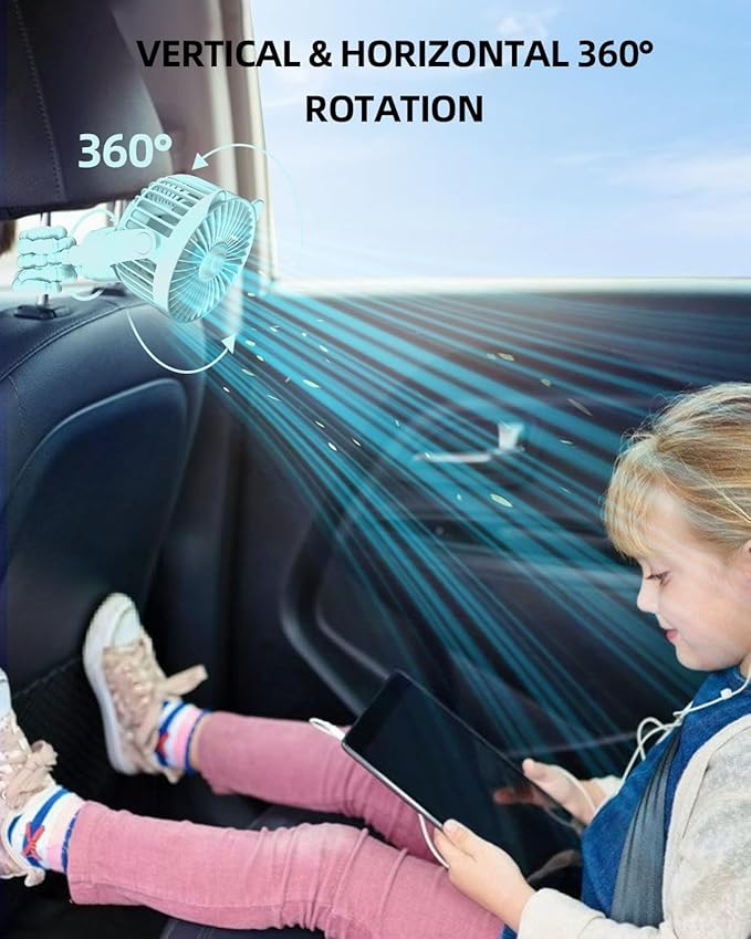 Portable Stroller Mini Fan, Small Rechargeable Personal Cooler w/ 360° Rotation, Baby Essentials for Car Seat, Crib, Bike, Treadmill, 3-Speed Battery Powered Stroller Accessories, Mint