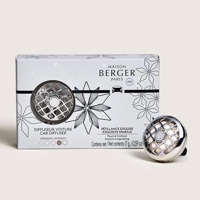 Maison Berger Car Diffuser Set Rosalie Exquisite Sparkle – Refillable Vent Clip with Ceramic Refill, Passive Diffusion, Festive Fresh Scent, Made in France, Luxury Auto Scent - 4-Week Diffusion