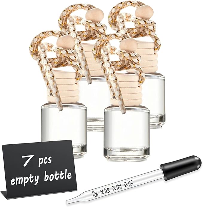 7 PCS MINI Cute Glass Bottle with Suspended Wooden Cover and Plastic Dropper,Car Air Freshener Perfume Bottle,Empty DIY Bottle Décor