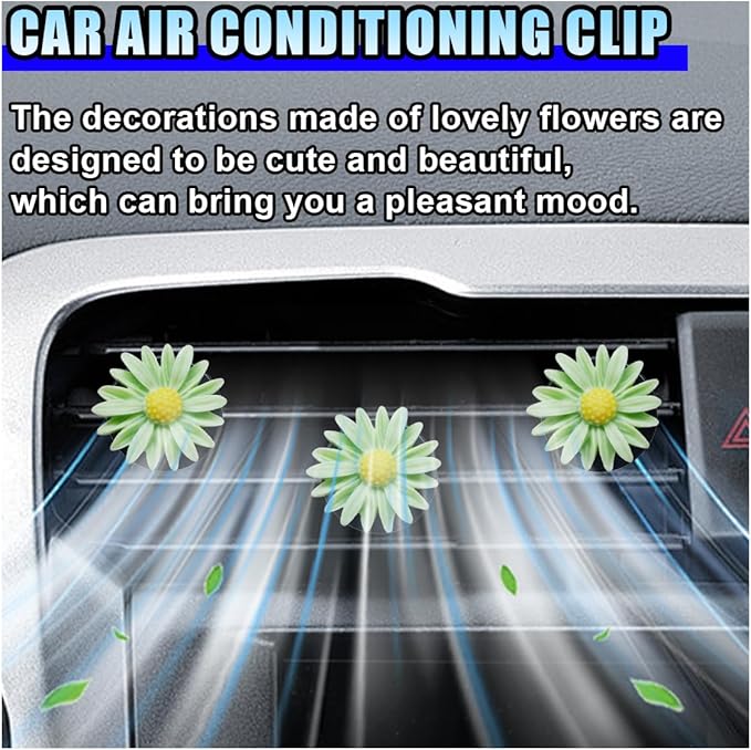 3PCS Daisy Flower Car Dashboard Air Vent Trim Clip, Cute Daisy Air Conditioner Outlet Clip Car Charm for Women, Car Air Vent Clip Auto Interior Decoration for Girls Present (Green)