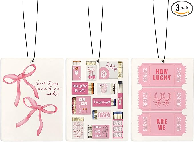 Cute Pink Car Air Freshener, Coquette Pink Bow How Lucky Ticket Matchbox Air Freshener Hanging 3 Pcs for Cars Closet Drawer or Books, Girly Preppy Car Accessories Mirror Decor for Women