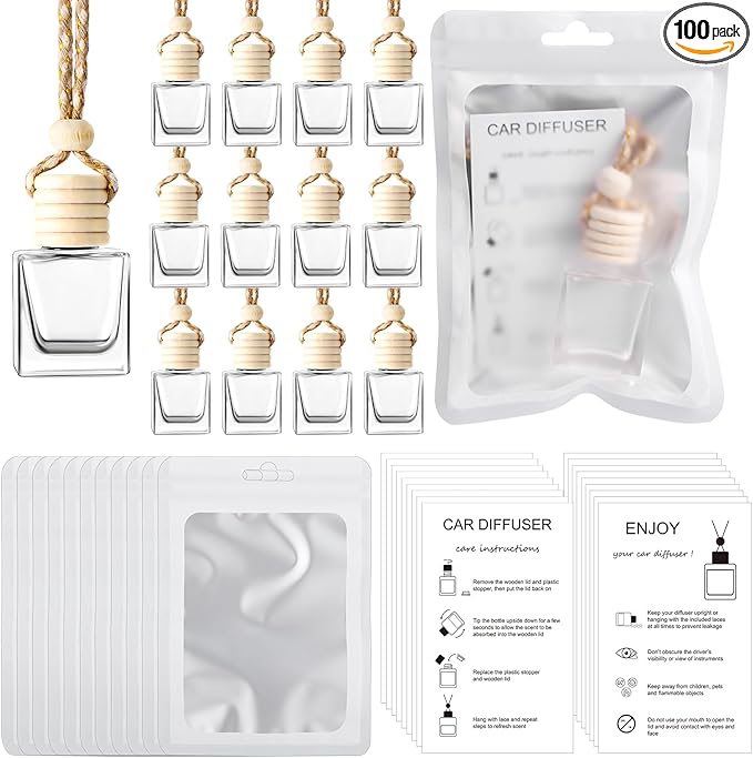 Boao 100 Sets Hanging Car Air Freshener Diffuser Bottles with Instruction Card and 4 x 6'' Resealable Holographic Bag for Empty Car Essential Oil Perfume Bottles Packaging (Cube)