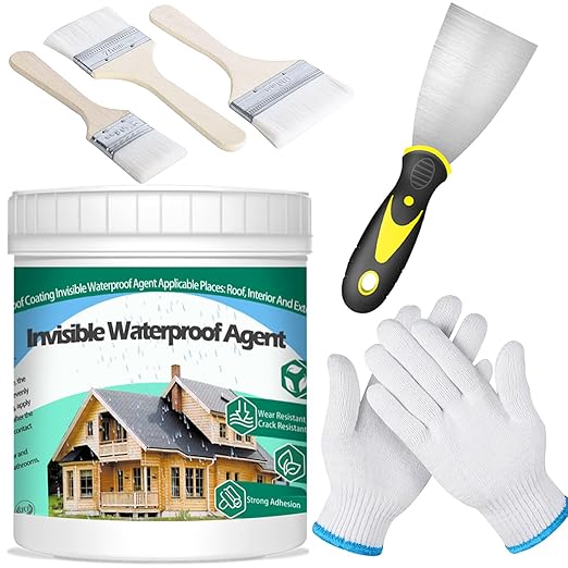 1Kg/35.3Fl.oz Invisible Waterproof Agent Indoor&Outdoor Waterproof Coating Set Transparent Liquid Sealant with Wooden Brush Resistant Work Gloves Putty Shovel Cut