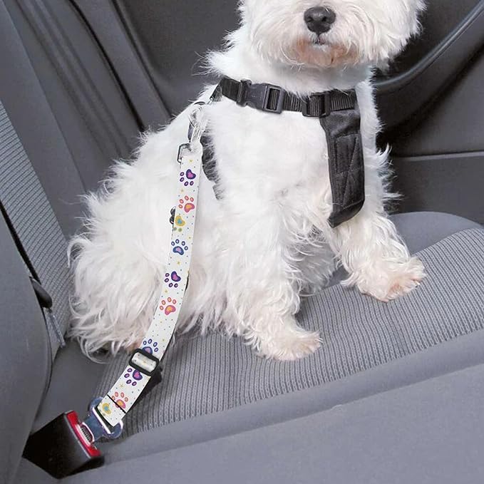 Cute Design 2-Pack Set Adjustable Pet Cat Dog Car Seat Belt, Adjustable Buckle Pet Car Harness Fabric Lanyard from 22 to 38 Inches Seatbelt Leash (Polychrome Dog-Two Piece in one Set)
