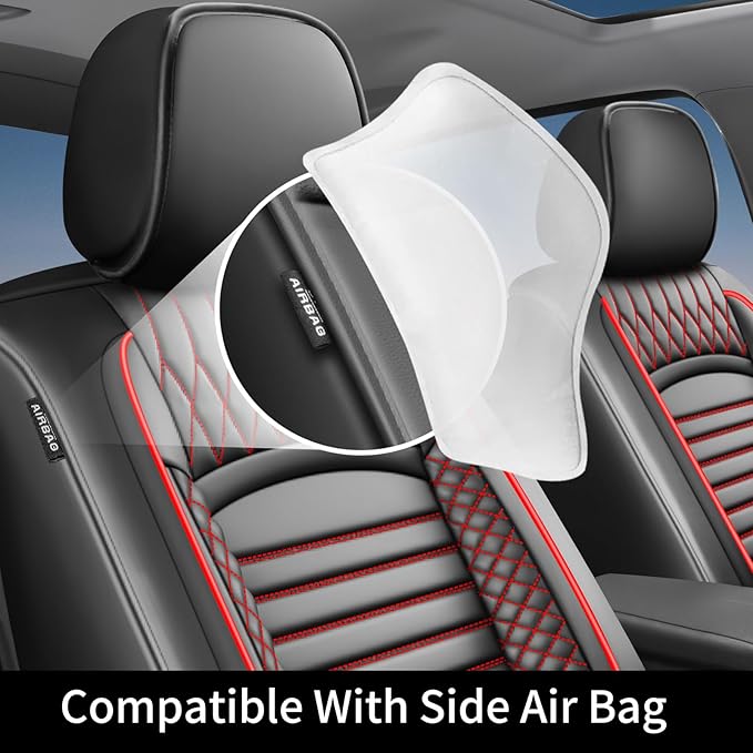 Fit CRV Car Seat Covers for Honda CR-V 2013-2024 2025 2026 - Upgraded Premium Waterproof & Breathable Leather, Airbag Compatible, All-Weather Seat Cushion Protector (2 Front/Black+Red)