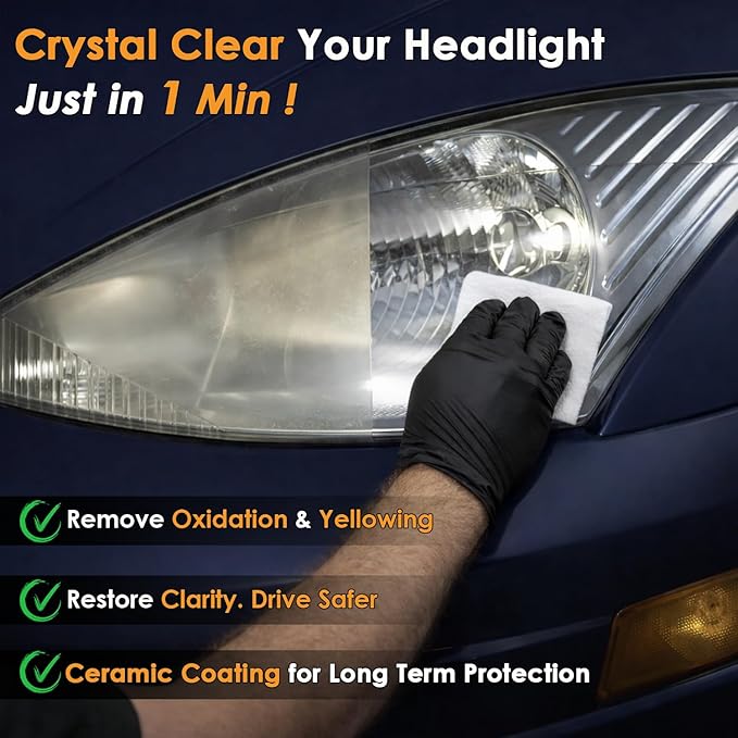 Headlight Restoration Kit, 2-Step Headlight Cleaner & Ceramic Coating Wipes, Removes Oxidation & Restores Clarity, Long-Lasting UV Protection, Headlight Polish No Tool Required