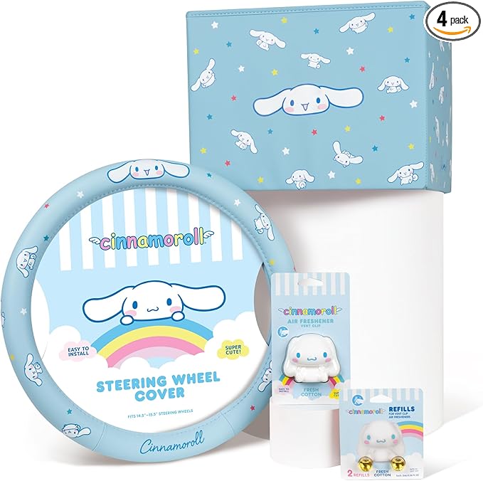 Sanrio Cinnamoroll Car Trunk Organizer, Steering Wheel Cover, Air Freshener & Refill – Cute, Collapsible, Heavy-Duty Storage & Car Accessories for Groceries, Tools, Travel – 12.5"L x 12.5"W x 9"H
