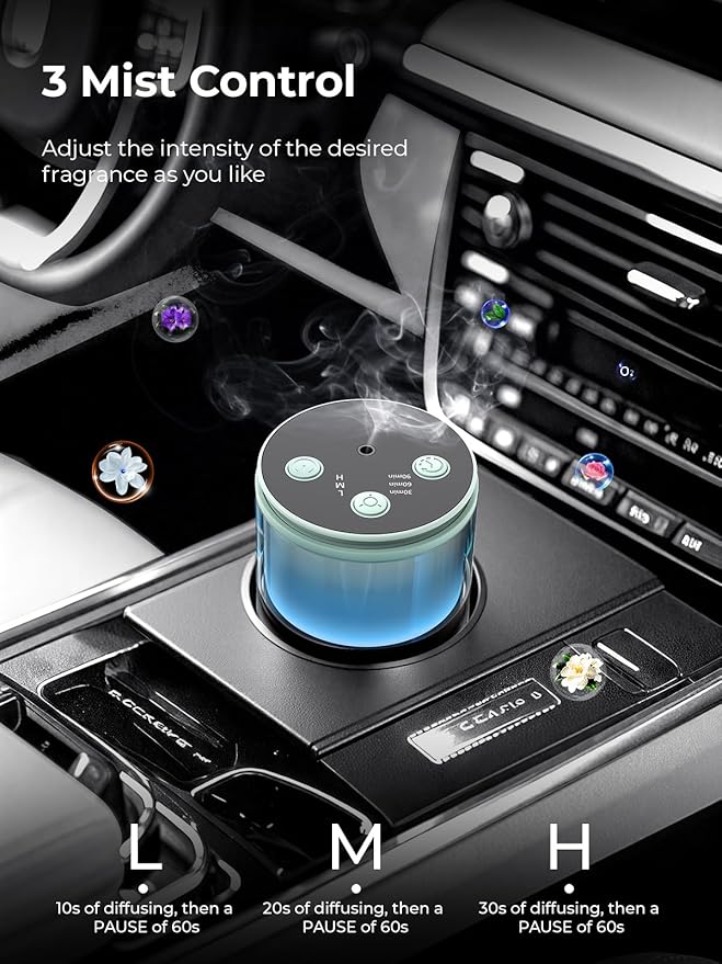 Battery Operated Waterless Diffuser – Portable Scent Machine for Car, Office & Bedroom, Ultrasonic Aroma Mist with 9 Color LED Light, Mini Essential Oil Diffuser Light Cyan