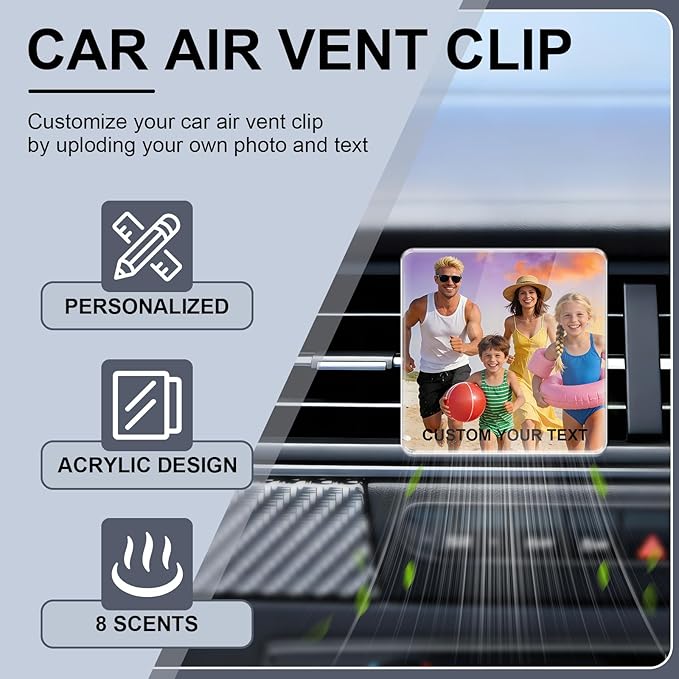 Personalized Car Air Vent Clip, Custom Photo Car Air Freshener Vent Clip with 8 Scents, Decorative Car Accessories Interior, Unique Gift for Couples, Friends & Family (Square)