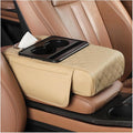 Car Armrest Cushion, 5-in-1 Nappa Leather Vehicle Centre Console Cover with 2 Storage Pockets, Cup Phone & Phone Holder, Multifunctional Auto Organiser Accessories, Universal Fit (Beige)