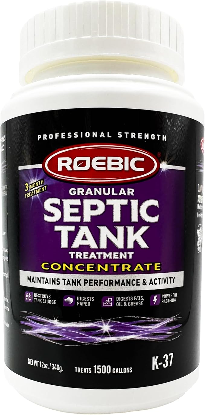 Roebic K-37 Granular Septic Tank Treatment, Bacterial Enzyme Formula for Clog Prevention, Odor Control, Safe for Bathroom, Toilet, Treats 1500 Gallons, 12 oz Concentrate Bottle