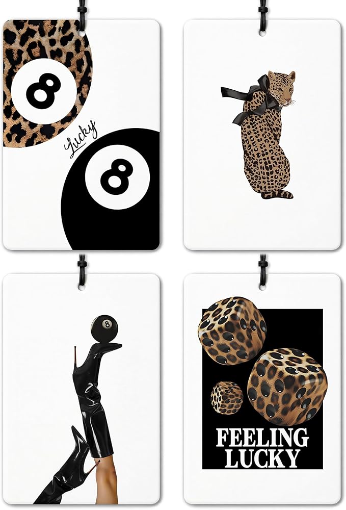 Trendy Retro Leopard Lucky 8 Ball Car Air Freshener 4 Pcs, Girly Cheetah Print Dice Hanging Air Freshener for Cars Closet Drawer Books, Girly Car Accessories Mirror Decor for Women