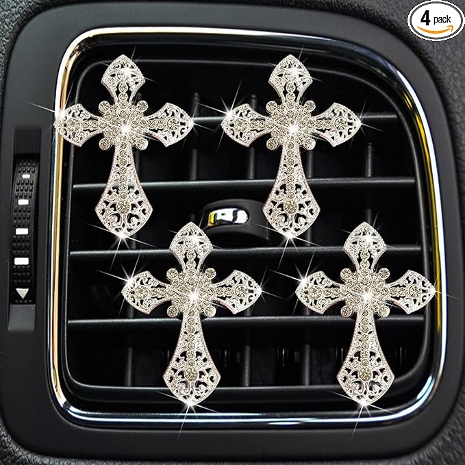Bling Cross Air Vent Clips, 4 Pcs Crystal Cross Car Air Fresheners Vent Clips Car Diffuser Vent Clip Rhinestone Diamond Cross Decoration Interior Decor Bling Accessories for Women